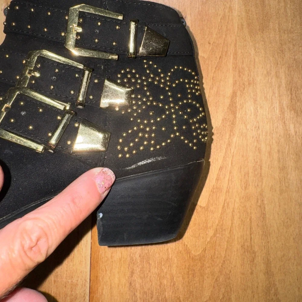 Topshop Black Studded Buckle Ankle Boots Gold Hardware Western Booties EU 37